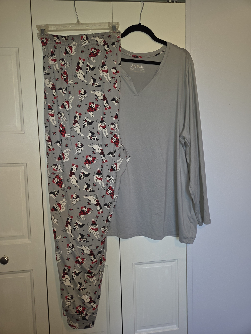 AnyBody Gray V-Neck Long Sleeve Top with Dog Print Pajama Pants
